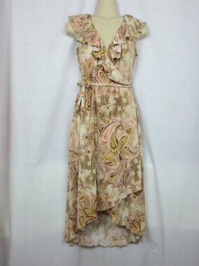 NEW bebe Dress Boho Fall Colors Floral Paisley Ruffle Wrap Midi Flowy Size M
